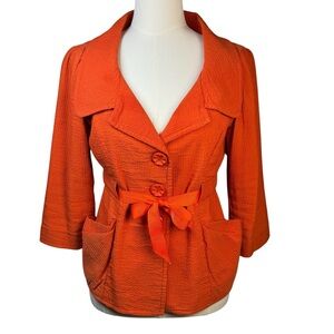 Nanette Lepore Orange Textured Ribbed Blazer Jacket | Belted Floral Button |  4